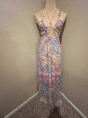 OndadeMar Pastel Paisley Plunging V‑Neck Smocked-back, Maxi,size Medium